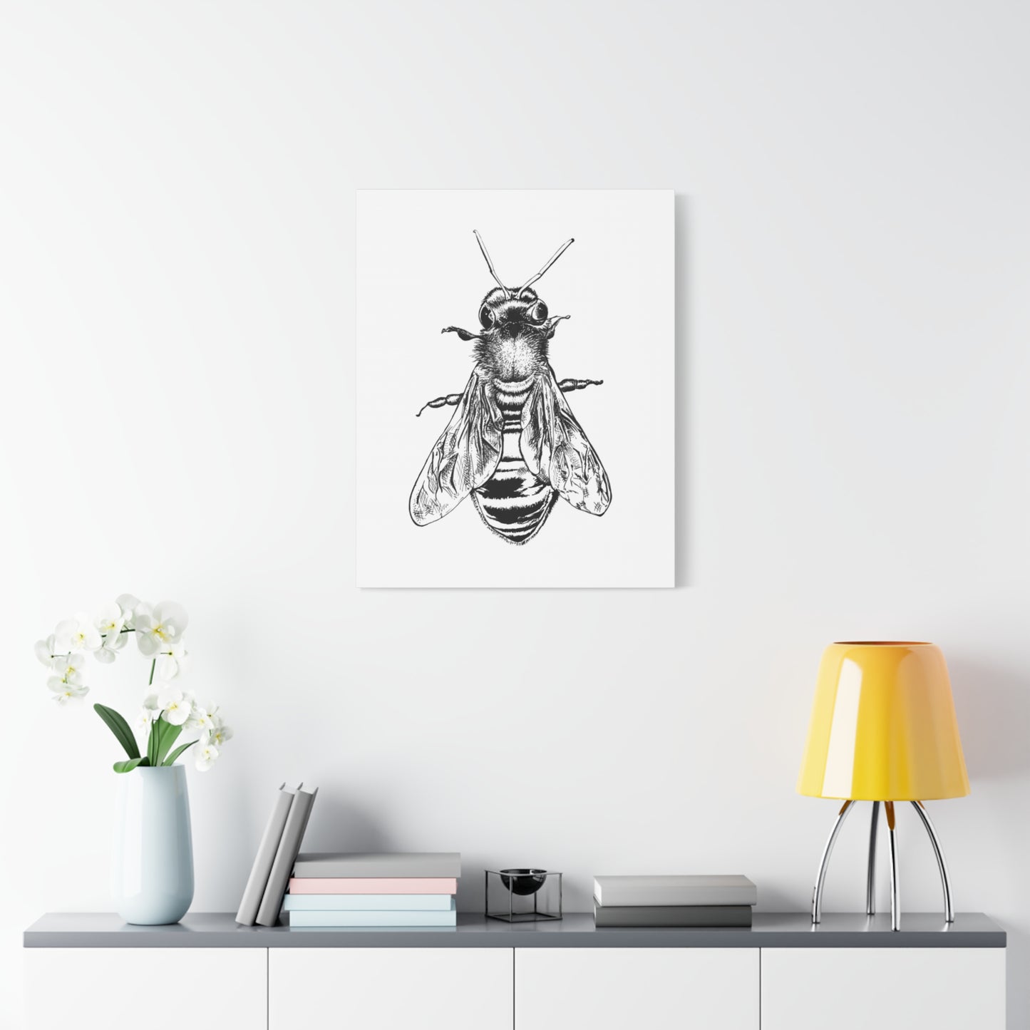 Bee Illustration Matte Canvas Print — Black & White Stretched Wall Art