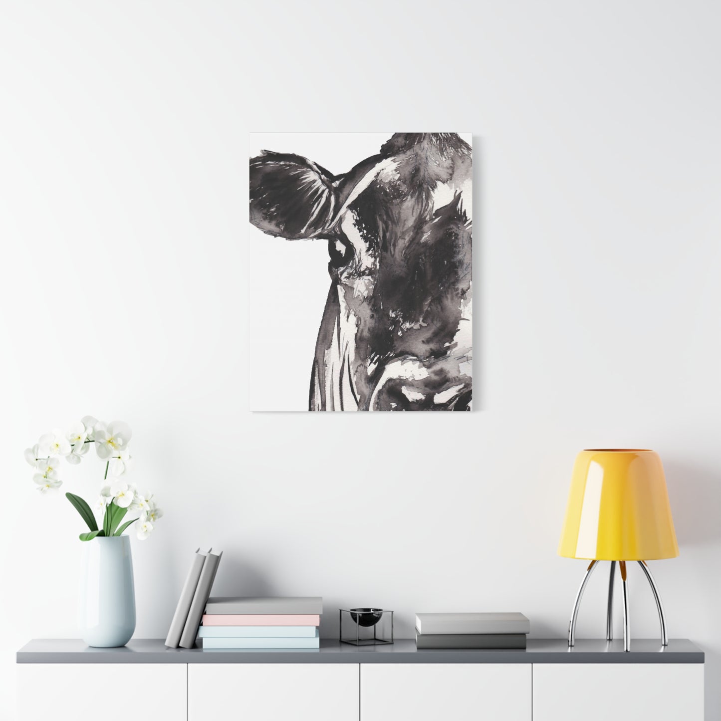 Black & White Cow Portrait Canvas Wall Art — Matte Stretched Farmhouse Decor