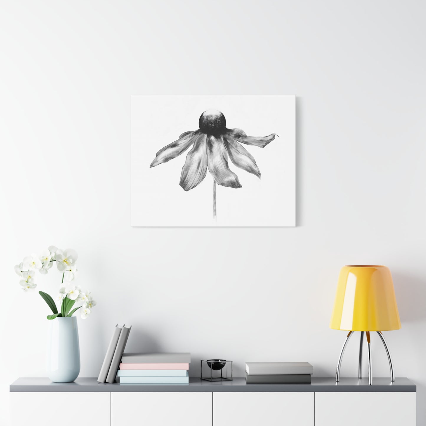Black and White Coneflower Canvas Print — Minimal Botanical Wall Art, Matte Stretched 1.25"