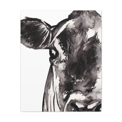 Black & White Cow Portrait Canvas Wall Art — Matte Stretched Farmhouse Decor