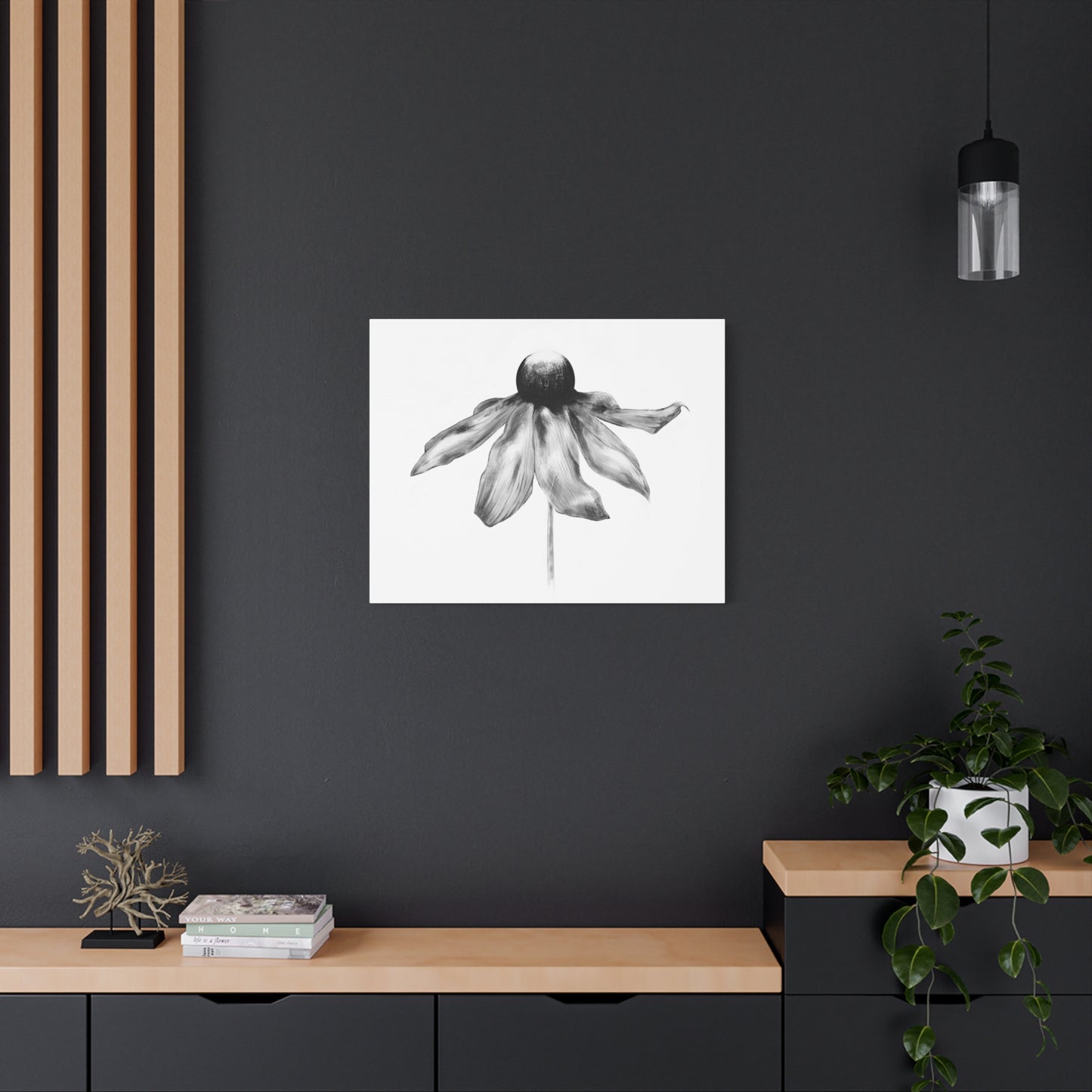 Black and White Coneflower Canvas Print — Minimal Botanical Wall Art, Matte Stretched 1.25"