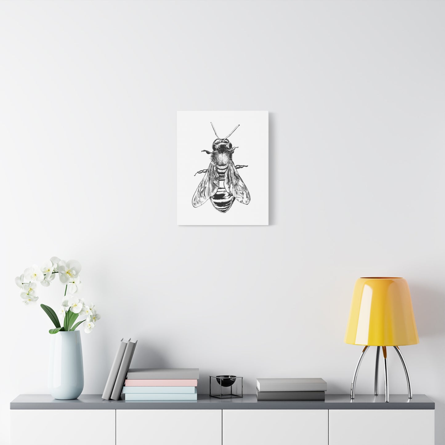 Bee Illustration Matte Canvas Print — Black & White Stretched Wall Art