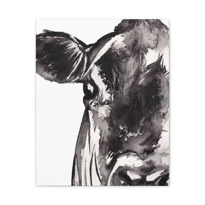 Black & White Cow Portrait Canvas Wall Art — Matte Stretched Farmhouse Decor